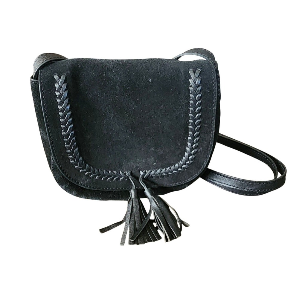 Lucky Brand Black Suede Crossbody Purse Leather Mini Saddle Bag Boho Western